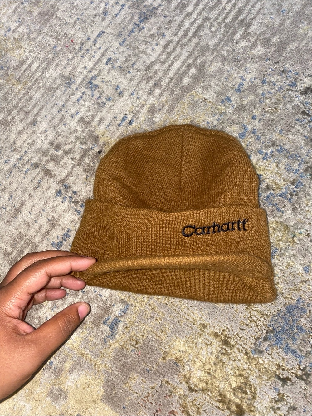 Carhartt Men's Brown Knit Beanie - Classic Cuffed Hat with a bill